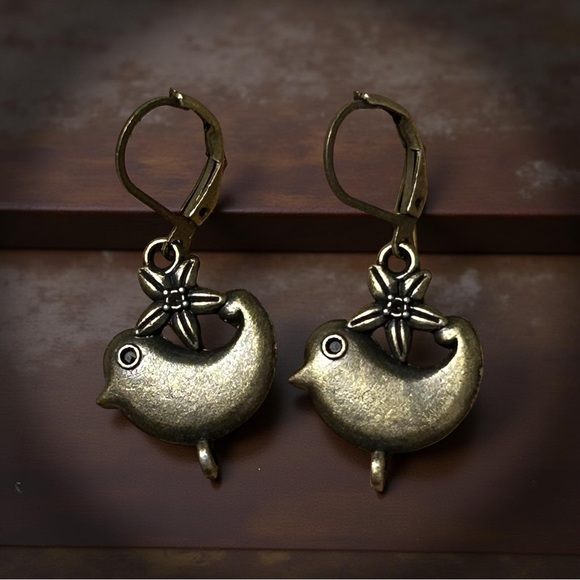 Handmade Antique Bronze Bird Earrings . Lever-back Hooks . Boho . Boho Cute Gift - Picture 4 of 6